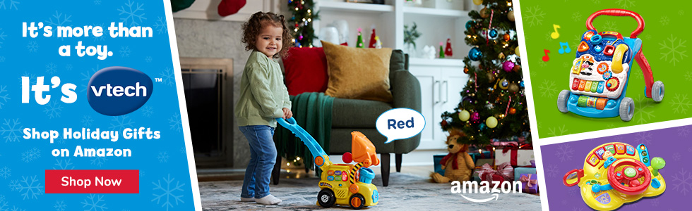 It's more than just a toy; It's Vtech; Shop Holiday Gifts on Amazon; Shop Now button; Amazon logo; littlr girl pushing toy bulldozer; callout Red; walker toy shown; baby driver toy  