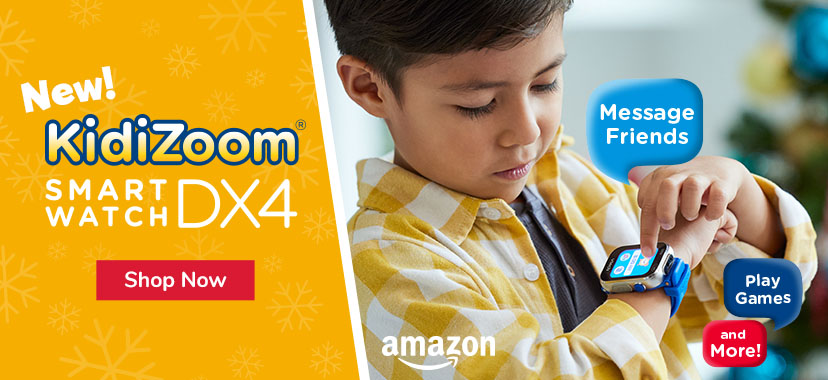 New KidiZoom Smart Watch DX4; Shop Now button, Amazon logo, Image of kid with watch; callouts Message Friends; Play games; and more