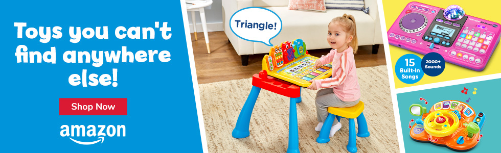 Toys you can't find anywhere else!; Shop Now button; Amazon logo; little girl sitting at Activity Desk, Pink DJ mixer with 15 built-in songs, 2k sounds callouts and Turn and Learn driver toy 