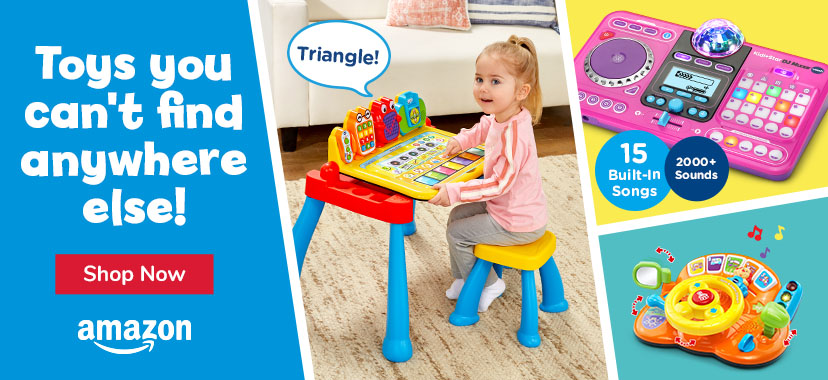 Toys you can't find anywhere else!; Shop Now button; Amazon logo; little girl sitting at Activity Desk, Pink DJ mixer with 15 built-in songs, 2k sounds callouts and Turn and Learn driver toy 