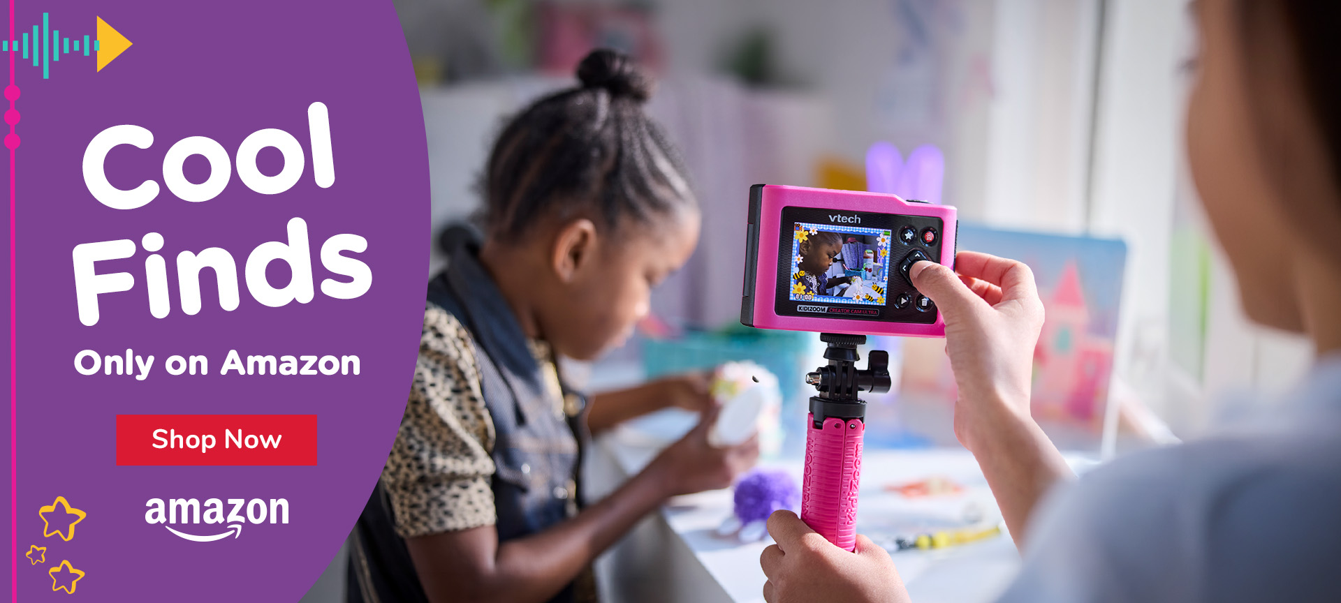 Cool Finds, Only on Amazon; Shop Now; Amazon logo; little girls play with Creator Camera