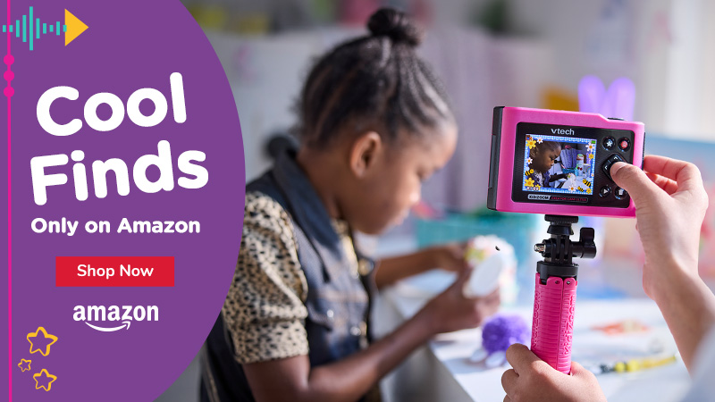 Cool Finds, Only on Amazon; Shop Now; Amazon logo; little girls play with Creator Camera