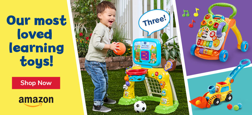 Our most loved learning toys!; Shop Now button; Amazon logo; boy playing with basketball hoop