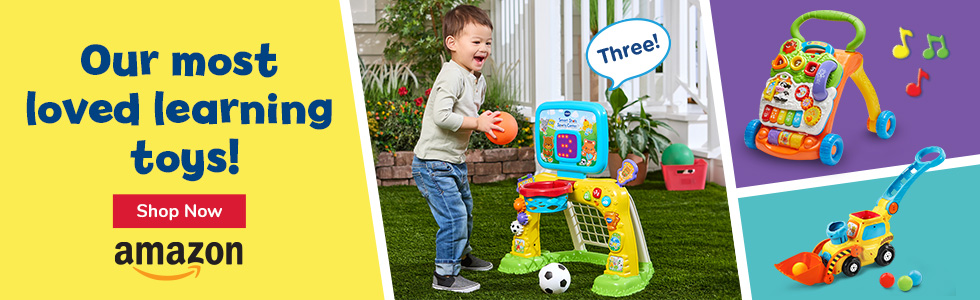 Our most loved learning toys!; Shop Now button; Amazon logo; boy playing with basketball hoop