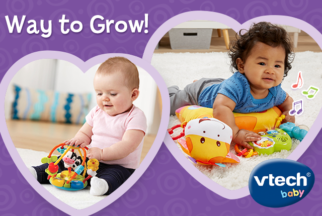 VTech Baby, Way to Grow! Lif Critters Shake & Wobble Busy Ball said Two happy cows!. Tummy Time Discovery Pillow. Peek & Play Baby Book™ said It's fun to read a book.